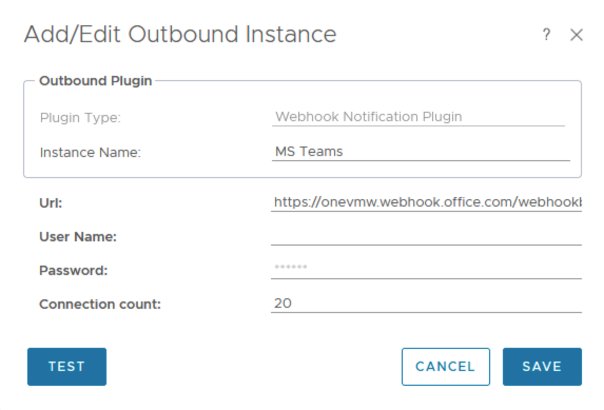 Webhook Output Plugin instance for MS Teams