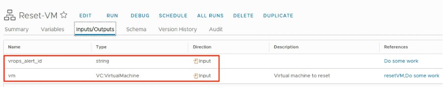 vRealize Orchestrator workflow and its input parameters