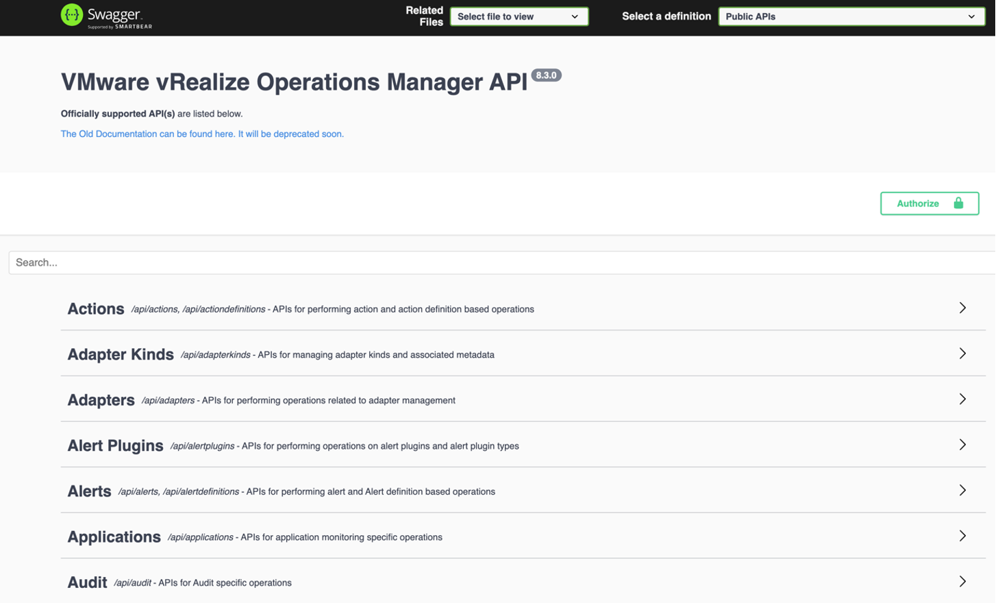 vRealize Operations Swagger UI